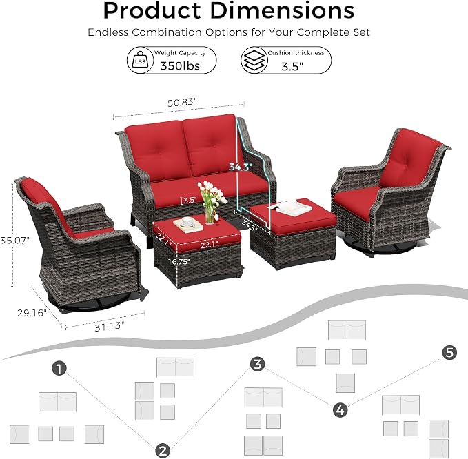 Outdoor Patio Furniture Set, 5 Piece Wicker Patio Furniture with Thick Cushions, Curved Armrest, Deep Seating, Outdoor Swivel Rocker Chairs for Porch, Deck, Balcony
