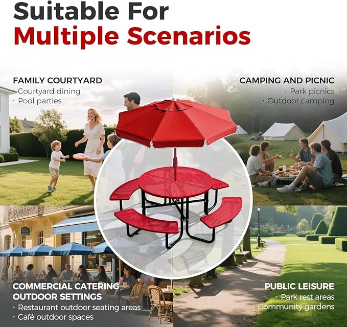 46" Coated Round Metal Picnic Table for 4-8 Person, Durable Heavy Duty Commercial Picnic Table with Umbrella Hole for Outdoor Coffee Shop, School, Easy to Install, Red