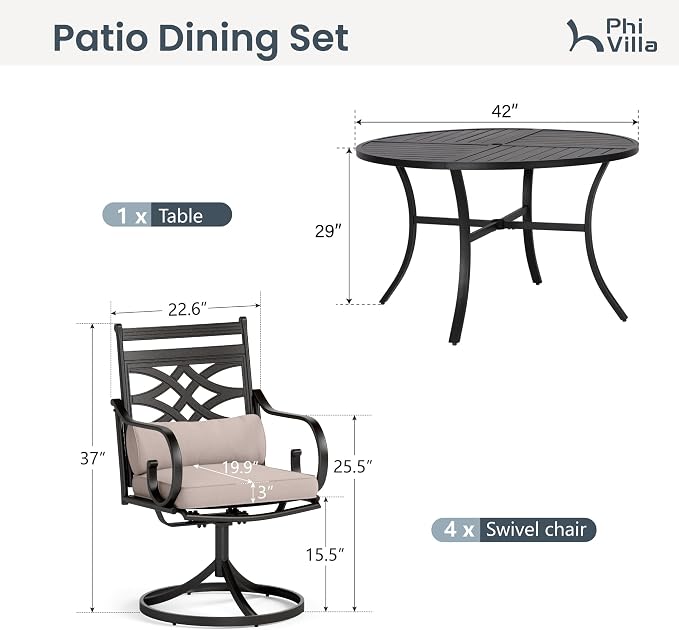 PHI VILLA Patio Dining Set, Swivel Chairs, Round Metal Table | Metal chairs, Beige, Cushions, E-coated