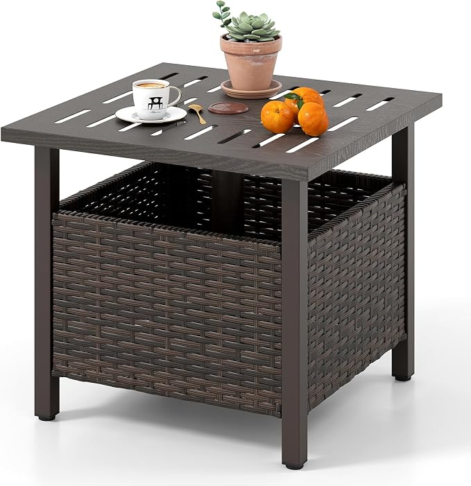 HAPPYGRILL Outdoor Side Table with 1.93" Umbrella Hole, Patio Umbrella Stand with Zinc-Iron Alloy Tabletop, Rustproof Metal Frame, PE Rattan End Table for Deck Garden Yard Poolside (No Sand Bag)