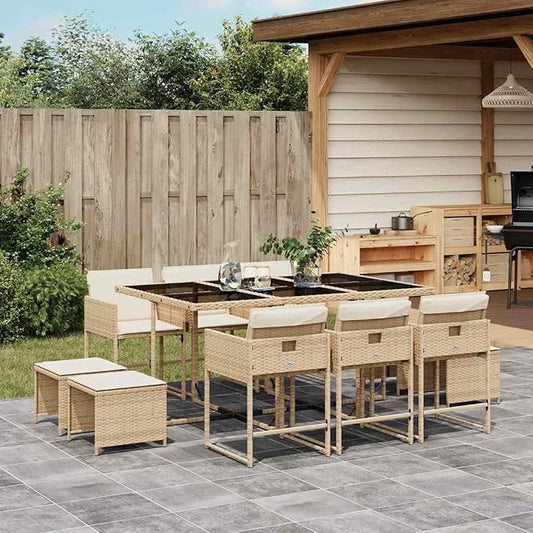 11 Piece Patio Dining Set with Cushions Beige Poly Rattan Outdoor Furniture Table and 6 Chairs with 4 Stools Foldable Space Saving for Garden Backyard Relaxing