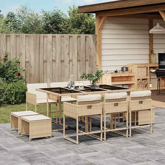 11-Piece Outdoor Dining Set, Rectangular Patio Furniture with Table, 6 Chairs, 4 Stools, Woven Synthetic Rattan Seating for 10, Beige