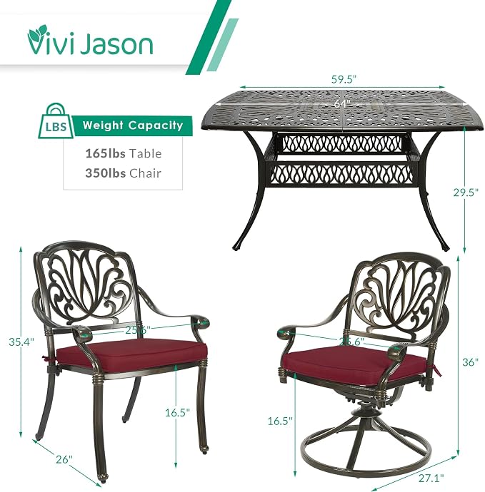 VIVIJASON 9-Piece Outdoor Furniture Dining Set for 8, Cast Aluminum Patio Table and Chairs Set with 4 Stationary Chairs, 4 Swivel Rocker Chairs, 64" Large Square Dining Table, Umbrella Hole, Red