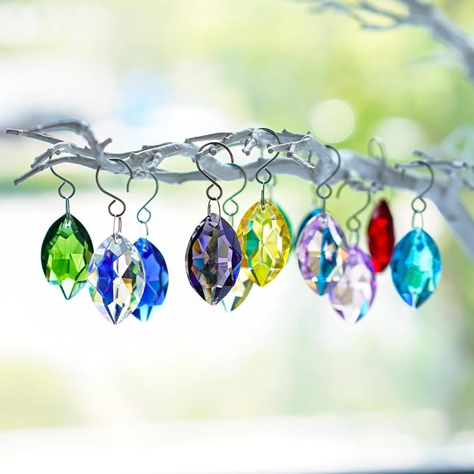 12 Pcs 38mm Multi-Color Crystal Horse Eye Prism Suncatcher Decor | Multi-Color Feng Shui Faceted Crystal Horse Eye Prism Suncatcher Pendant Set of 12 for Chandelier Window Garden Wedding Decor