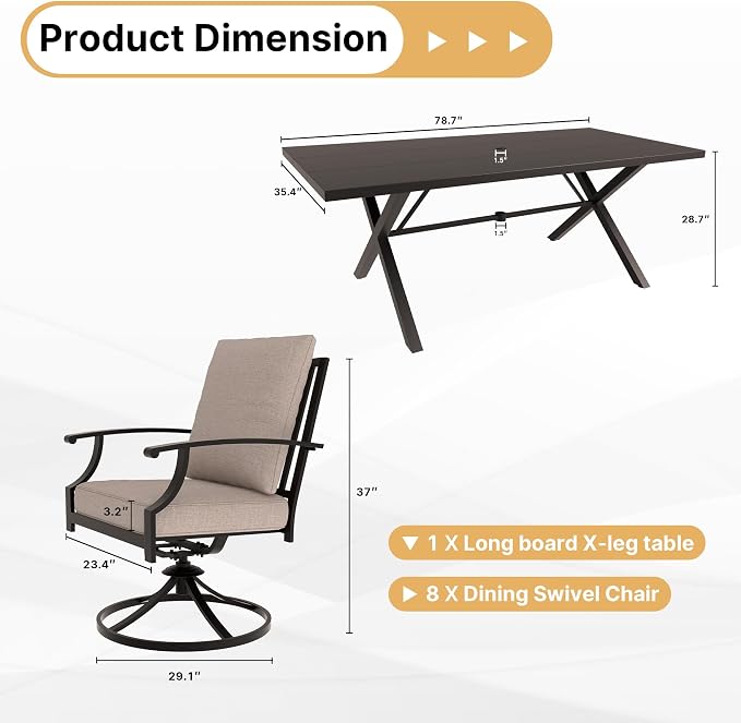 Gotland 9 Piece Outdoor Dining Set, Metal Outdoor Table and Swivel Chairs with X-Shaped Legs 1.5" Umbrella Hole, Patio Furniture Set with Waterproof Cushions, Patio Dining Sets for Backyard Deck Khaki