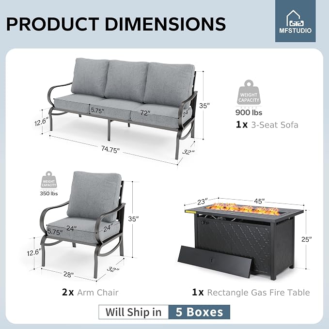 MFSTUDIO 4 Piece Patio Conversation Sets, All Weather Metal Frame Outdoor Furniture Set Patio Sofas with 1 x 45 Rectangular Fire Pit Table, 1 x 3-Seat Sofa, 2 x Sofa Chairs, Grey Cushion