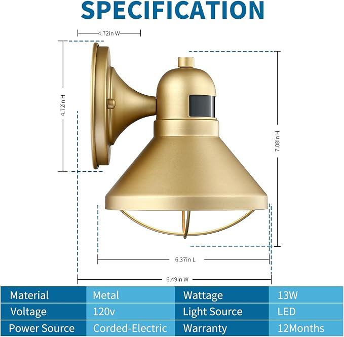 Dusk to Dawn Motion Sensor Outdoor LED Barn Light Fixture Gold | Exterior Porch Lantern Waterproof Outside Wall Sconce Lighting Rustic Farmhouse Wall Mount Lamp for House Garage Patio