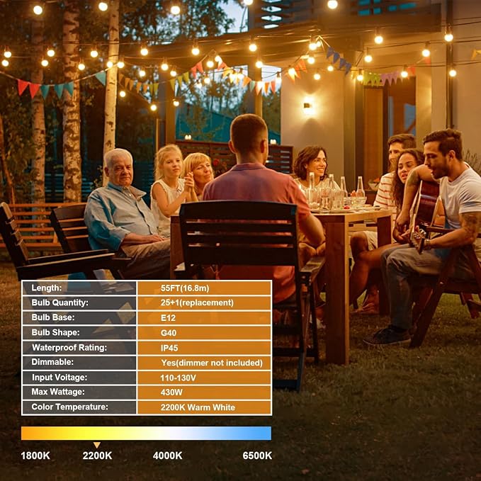 OHLUX Outdoor String Lights, 55FT Shatterproof LED Patio Lights with 26 Dimmable Plastic G40 Bulbs, 2200K Waterproof Connectable Hanging String for Backyard Cafe Porch Deck E12 Base