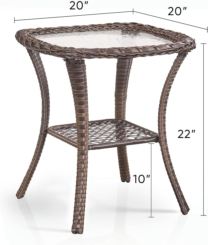 Patio Side Table Outdoor End Tables - 2-Tier Storage Wicker Side Tables with Smooth Clear Tempered Glass Tabletop for Outside Furniture Wicker Rocking Swivel Chairs in Porch Deck Yard - Brown