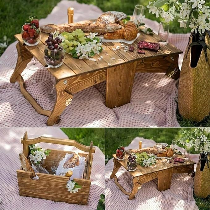 Wooden Folding Picnic Table with Storage Basket - 2-in-1 Portable Outdoor Table with Wine Glass Holder, Ideal for Champagne, Snacks and Beach or Park Picnics (Vintage)
