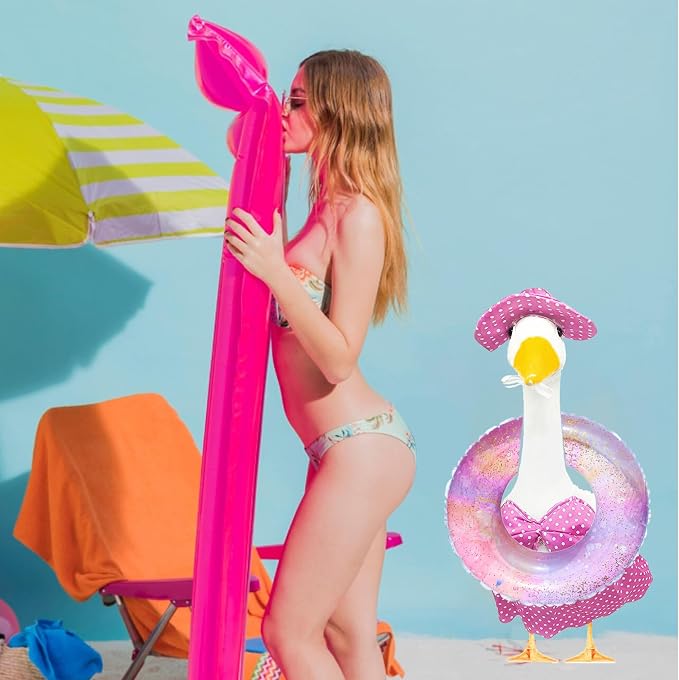 Porch Goose Summer Outfit for Cement or Plastic Goose 23'' Lawn Patio Statue, Bikini Goose Clothes, Hawaiian Outfit with Hat Sunglasses & Swimming Ring for Outdoor Garden Yard Decor (Green)