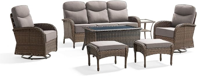 Outdoor Swivel Rocking Chair Patio Set (7-Piece), High-Back - Thick Cushion Swivel Rocking Chair Patio Set, All-Weather Wicker Patio Furniture Set, Suitable for Balcony Patios, Brown/Gery