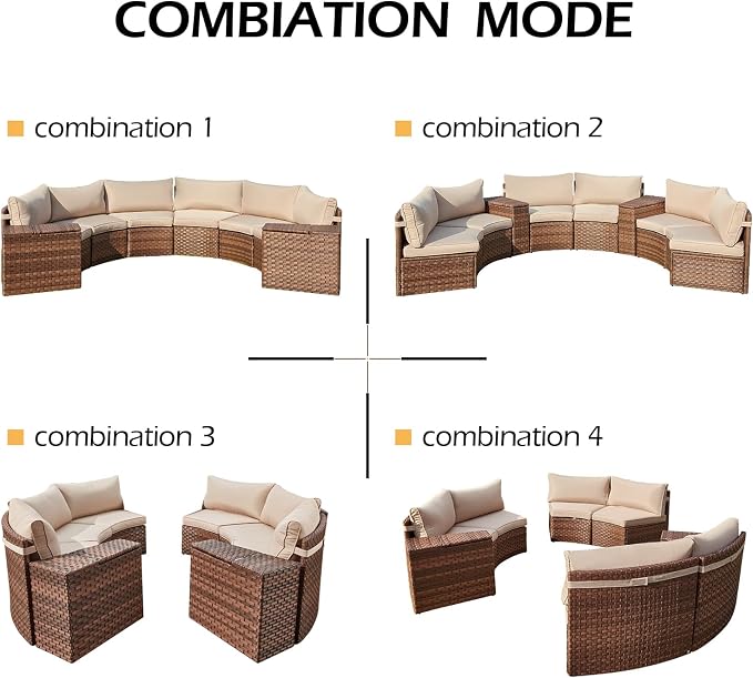 ECOTOUGE Large Half-Moon Outdoor Patio Furniture Set, 9 Piece Wicker Rattan Patio Sectional Furniture Sofa Set Conversation Set for Pool Backyard Balcony Garden(Beige/Brown)