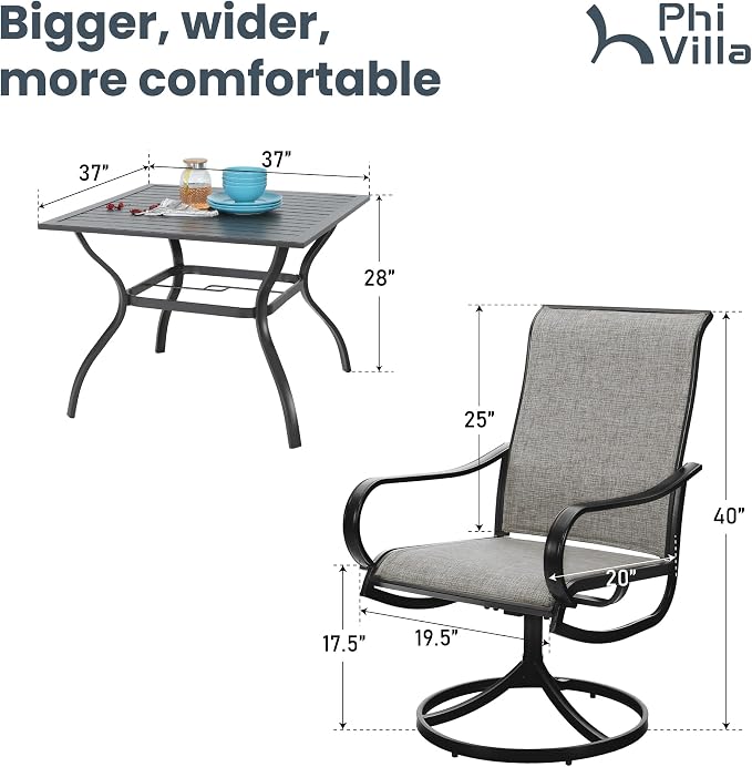 PHI VILLA 5 Pcs Patio Dining Set for 4, Swivel Mesh Chairs, Brown | 4 textilene dining chairs. 37" metal square table with umbrella hole, all weather E-coated metal frame for outdoor deck lawn