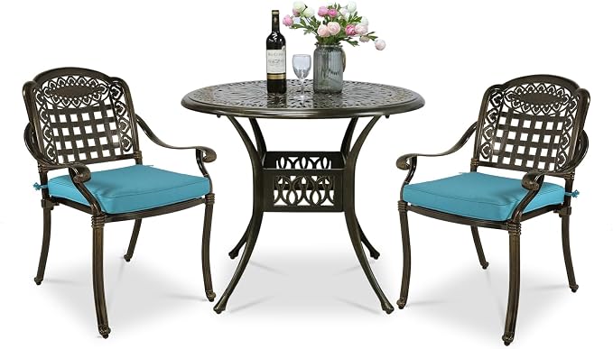 VIVIJASON 3-Piece Outdoor Patio Bistro Set, All-Weather Cast Aluminum Furniture Dining Sets Include 2 Cushioned Chairs and 35.4" Round Table w/Umbrella Hole for Balcony, Lawn, Ocean Blue Cushion