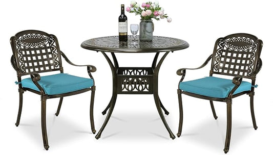 VIVIJASON 3-Piece Outdoor Patio Bistro Set, All-Weather Cast Aluminum Furniture Dining Sets Include 2 Cushioned Chairs and 35.4" Round Table w/Umbrella Hole for Balcony, Lawn, Ocean Blue Cushion