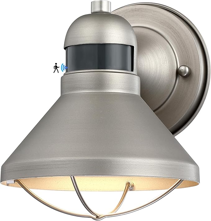 Motion Sensor Outdoor LED Wall Sconce Dusk to Dawn Exterior Barn Lighting | Silver Outside Porch Light Fixture Waterproof Farmhouse Wall Mount Lamp for House Garage Entryway