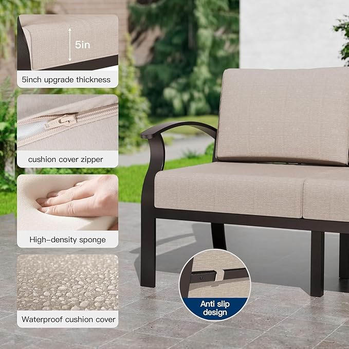 Kullavik Aluminum Patio Furniture Set,7 Piece Modern Metal Outdoor Patio Furniture w/5.1'' Thick Cushion,Swivel Chairs,Ottomans and Propane Fire Pit Table,Patio Conversation Sets for Porch,Deck,Sand