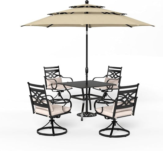 Sophia & William Patio Dining Set, Steel, 10ft Umbrella Beige | Swivel Chairs, E-Coated, Cushions Included, For Patio, Garden and Yard