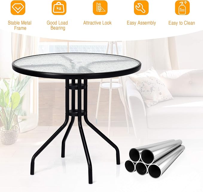 S AFSTAR Outdoor Bistro Table, Tempered Glass Patio Table with Convenient Umbrella Hole, Outside Dining Table, Round Patio Bistro Table for Deck Balcony Lawn Pool Backyard, 28”H x 32” D (Black)