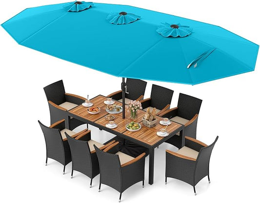 Tangkula 11 Piece Patio Wicker Dining Set w/Double-Sided Patio Umbrella, 8 Stackable Cushioned Chairs, 71" Acacia Wood Dining Table & 15 ft Umbrella with Weighted Base (Turquoise + Off White)