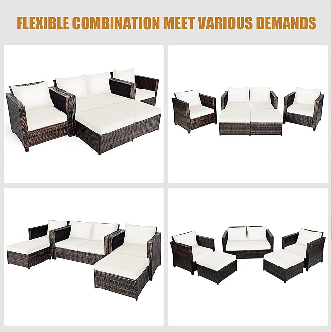 DORTALA 5-Piece Outdoor Patio Conversation Set, Loveseat and 2 Ottoman, Outdoor Sectional Rattan Sofa Set, Multifunctional Rattan Furniture Set Suitable for Backyard Garden Poolside Balcony, White