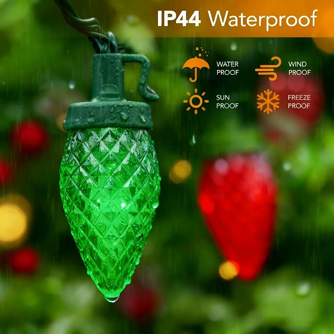 C9 LED Christmas Lights Outdoor,33 Feet 50 LED 8 Lighting Modes Waterproof Connectable Christmas String Lights for Outside Roofline Patio Home Xmas Decorations (Red & Green)