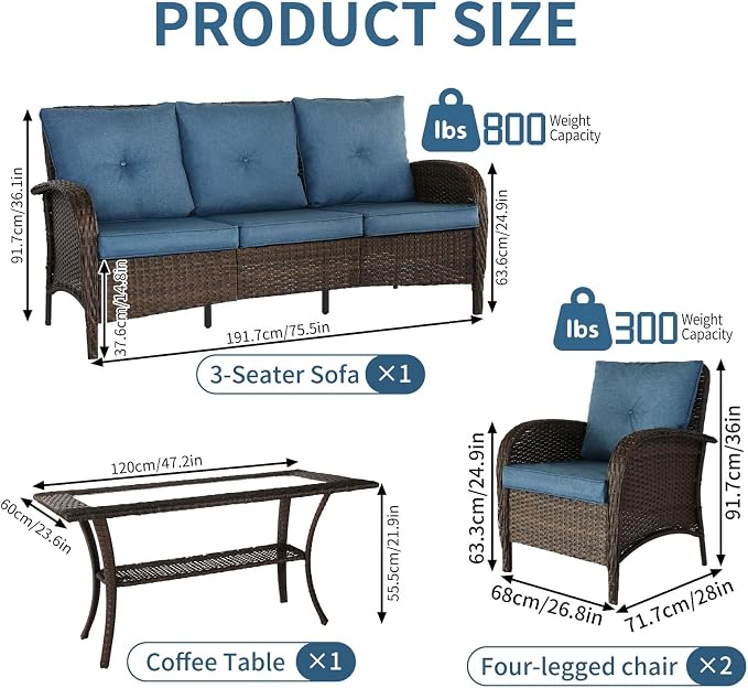 Outdoor Swivel Rocker Patio Chairs (Brown Wicker/Blue Cushion, 4PC/Sofa & Chair &Coffee Table)
