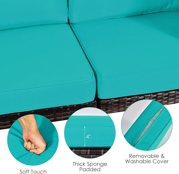 DORTALA 6 Pieces Patio Furniture Set, Outdoor Wicker Conversation Set with Glass Coffee Table, Wicker Sofa Set with Back & Seat Cushions, Rattan Sectional Conversation Couch Set, Turquoise