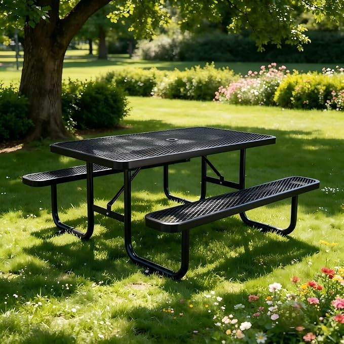 KEIKI 72" Heavy-Duty Metal Picnic Table with Benches, Commercial Outdoor Steel Table with 2.12" Umbrella Hole, 2.5mm Mesh Top, Rust-Resistant Coating, Patio Backyard Park Dining Furniture, Black