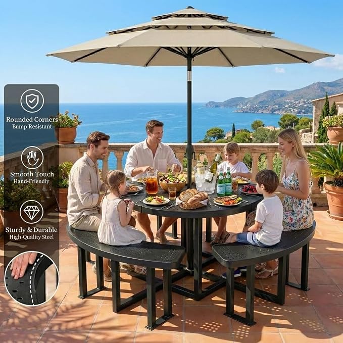 DWVO 38" Round Metal Picnic Table with Umbrella Hole - Heavy Duty Q235 Carbon Steel Outdoor Table Set for Patio, Backyard, and Lawn - Industrial Steel Construction