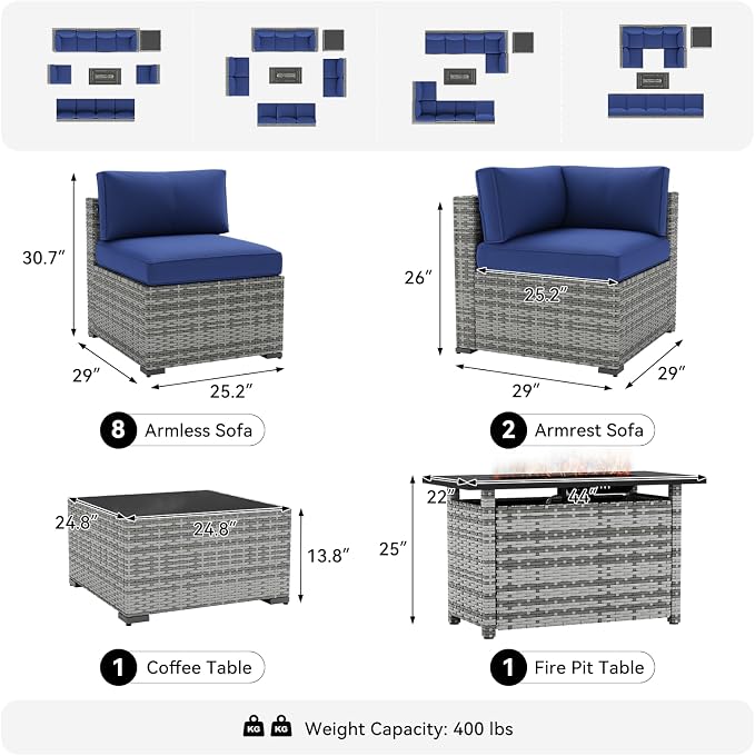 LazySunsets 12-Piece Patio Furniture Set with 44" Fire Pit Table, Wicker Outdoor Furniture, Patio Conversation Sets with Coffee Table, Outdoor Sectional Couch, Blue