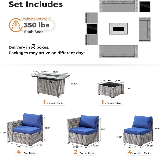 ovios 13 Pieces Patio Furniture Set, Outdoor Wicker Sectional Sofa with 42 Inch Fire Pit Table Comfy Cushions, Modern Modular Deep Seat Rattan Couch Conversation Set, Navy Blue
