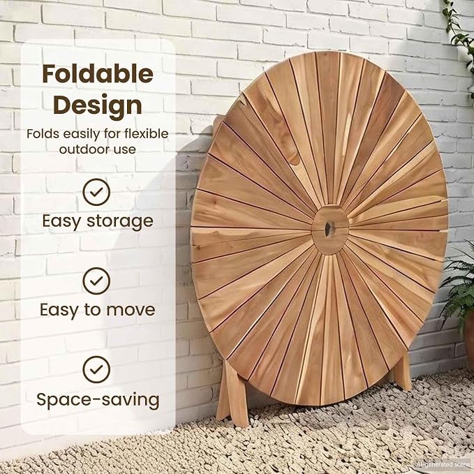 vidaXL Folding Garden Table Beige Ø 110 x 75 cm Solid Teak Wood, Round Folding Table, Modern Design, Outdoor Dining, Space-Saving Furniture, Teak Wood, Collapsible Garden