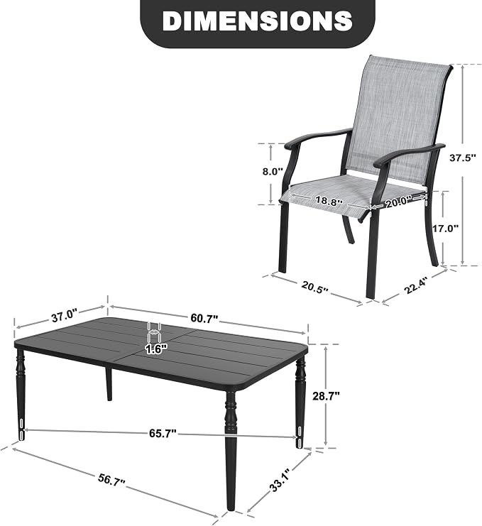 NUU GARDEN 7-Piece Patio Dining Table Set, Outdoor Metal Dining Furniture Set with Umbrella Hole Rectangular Table and 6 Textilene Chairs, Black