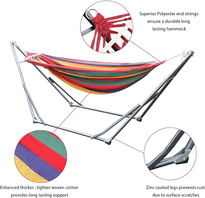 HEVIRGO Hammock with Stand,Indoor Hammock Stand with Strong Load-Bearing,Double Hammock with Space Saving Metal Stand,Portable Hammock with Dual-bar Design for Backyard,Camping,Garden Red