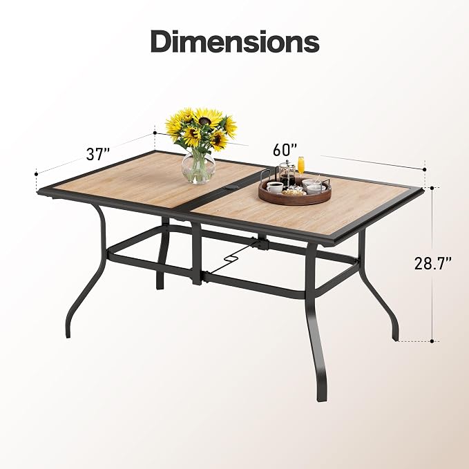 SUNSHINE VALLEY 60" Patio Dining Table for 6,Teak Color Rectangle Patio Table with Umbrella Hole,E-Coating and Powder Coating Steel Frame Metal Outdoor Patio Table for Garden Backyard Lawn Yard