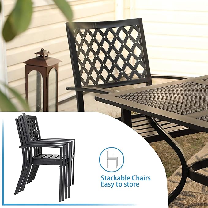 PHI VILLA 8 Pcs Patio Dining Set w/ 13ft Double-Sided Patio Umbrella(Beige) | Metal Outdoor Table Furniture Set with 6 Outdoor Stackable Chairs, 1 Rectangle Dining Table and 1 Large Beige Umbrella