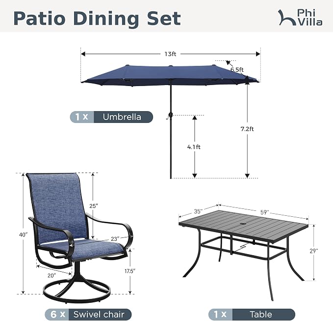 PHI VILLA Outdoor Dining Set with Umbrella for 6, Swivel Mesh Chairs | Includes 1 rectangle metal table, 6 textilene chairs and 13ft blue umbrella(NO BASE), designed for patio, deck, garden