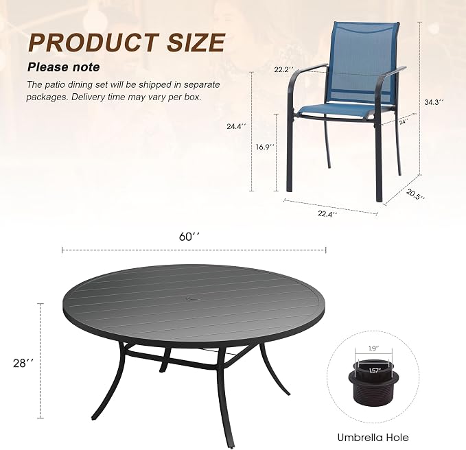 11 Pieces Patio Dining Set, 60" Round Dining Table with Umbrella Hole, 10 Stackable Textilene Fabric Chairs, Metal Structure for Patio, Porch, Garden(Black Table, Dark Blue Chair)