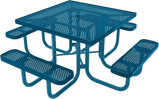 COATEDOUTDOORFURNITURE Heavy-Duty Portable Outdoor Picnic Table with Umbrella Hole, Punched Steel Commercial-Grade Patio Furniture Made in America (46" Square Top, Light Blue with Light Blue Frames)