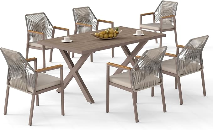 7 Pieces Aluminum Outdoor Dinning Set Featuring 1 Table and 6 Ratten Chairs Waterproof and Rust-Proof Courtyard Style Table Garden Balcony Poolside, Light Brown 7Pcs