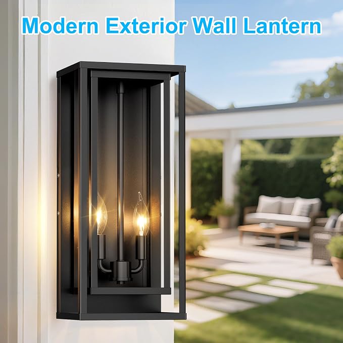 Large Outdoor Wall Lanterns, 18” Exterior Waterproof Rectangular Sconce | 2-Pack Matte Black Porch Lights with Glass Shades, Anti-Rust 2-Light Modern Light Fixtures for Patio Garage Front Door