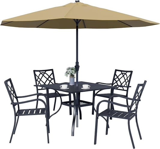 SOLAURA 6-Piece Outdoor Patio Dining Set, 4 Person Outside Table and Chairs Set, Metal Stacked Chairs of 4, Slat Table Top with 1.57" Umbrella Hole and 9 FT Patio Umbrella (Black)