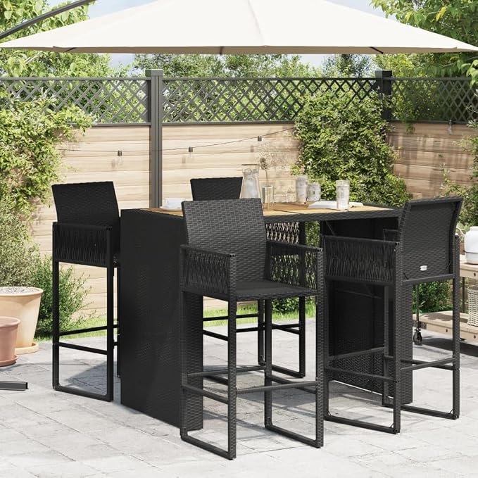 Outdoor Bar Table with Synthetic Poly Rattan, Tall Rectangular Patio Bistro Table for Garden, Deck, and Balcony, Seats 4, Durable Weather-Resistant Frame, Black