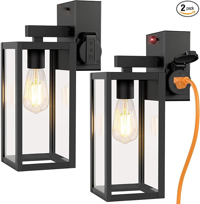 2-Pack Upgraded Motion Sensor Porch Lights with Outlet, Black | UL-listed Extra Power Socket, Auto ON/OFF, 3 Lighting Modes, Waterproof, Rust-Resistant, Durable Metal & Clear Glass