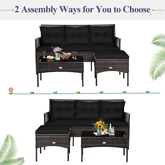 Tangkula 3 Pieces Patio Conversation Set, All Weather Outdoor PE Rattan Wicker Furniture Set with Padded Cushions, Tempered Glass Coffee Table, for Poolside, Backyard, Garden