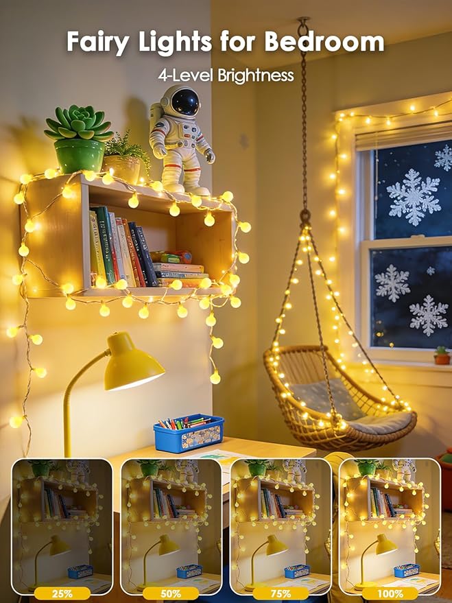 LORRYTE Connectable 43FT 100LED Globe String Lights Indoor, Classroom Light | Warm White String Lights Plug in, Remote, 8 Modes, IP44 Waterproof, Hanging Fairy Lights for Bedroom Outdoor Party Xmas Decor