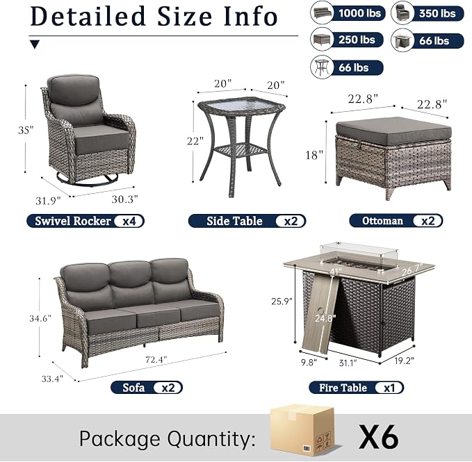 Luxury 6" Thick Cushion 11 Pieces Wicker Patio Furniture Set with 41”Fire Table, Outdoor Conversation Set with Swivel Rocker Chairs Set of 4 and Patio Couch for Deck Porch Yard and Poolside