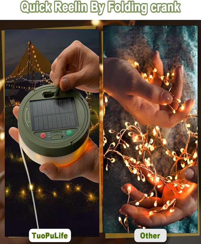 Solar Camping String Lights, 32.8 FT Fairy String Light, 4 in 1 Portable Waterproof Camp LED Lamp with 8 Lighting Modes, Hanging Rechargeable Tent Lantern for Outdoor Garden Patio Party Essentials